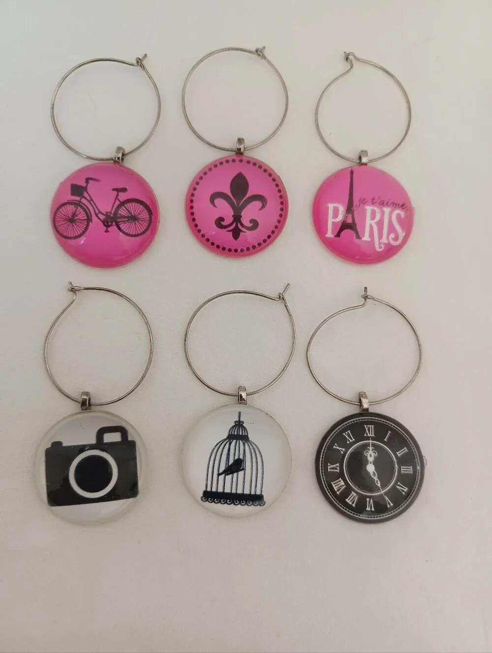 3/$25 SALE SET OF 6 Vintage Wine Glass Charms Parisian Theme Pink White Black